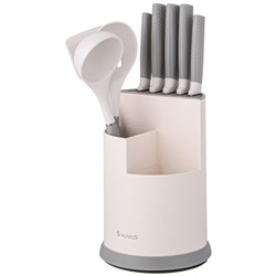 НАБОР AGNESS ИЗ 9ПР: 5 НОЖЕЙ, ПОЛОВНИК, ЛОПАТКА И ШУМОВКА, ВРАЩАЮЩАЯСЯ ПОДСТАВКА, ЦВЕТ: СЕРЫЙ