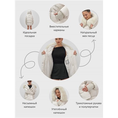 Куртка зимняя женская с мехом и капюшоном тренд бежевого цвета 7737B