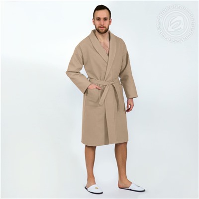 Халат мужской вафельный запашной с воротником бежевый