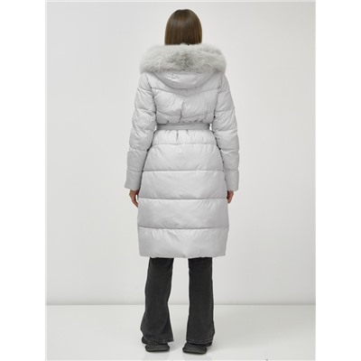 Пальто утепленное с капюшоном и мехом зимнее женское светло-серого цвета 133203SS