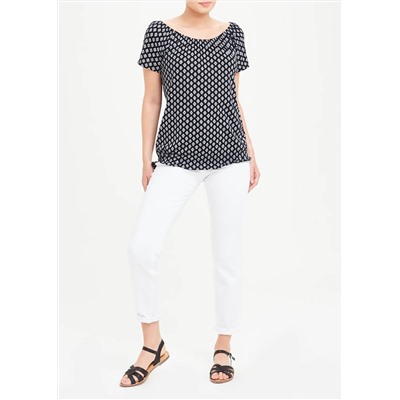 Shirred Tile Print Wide Neck T-Shirt