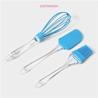Набор для выпечки Доляна «Лёд. Макси», 3 предмета: лопатка 24 см, кисть 22 см, венчик 26 см, голубой