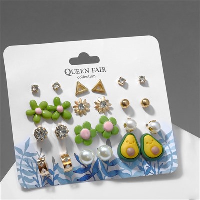 Серьги пусеты QF «Цветочки», набор 12 пар, авокадик, цветные в золоте