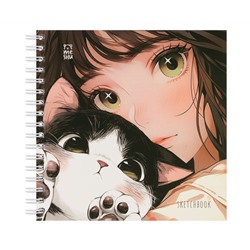Скетчбук 60л., 150*150 MESHU "Сat girl", на гребне, soft-touch, 120г/м2