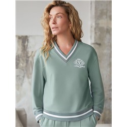 Свитшот среднего объема с V вырезом и принтом из футера двухнитки с эластаном