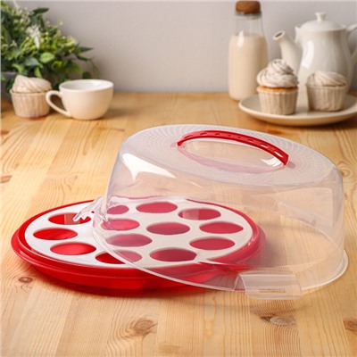 Тортовница с крышкой Доляна, съёмная подставка для пирожных, 13 ячеек, d=28 см, красная