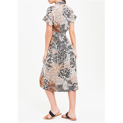 Short Sleeve Palm Print Midi Shirt Dress