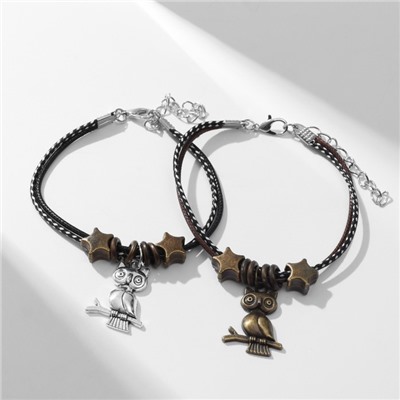 Браслеты парные «Неразлучники» совы на веточке, цвет чёрно-коричневый, L=19 см