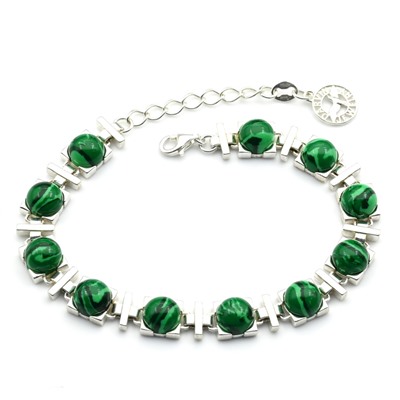 Браслет с пробой 925 малахит искусственный квадрат 8мм, 18,5см, 20,9г