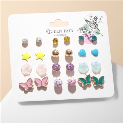 Серьги пусеты QF «Принцесса», 12 пар, бабочки, цветные в золоте