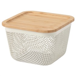 IKEA 365+, Korb f Lebensmittelaufb. mit Deckel, quadratisch Metall/weiß Bambus,, 15x15x11 cm