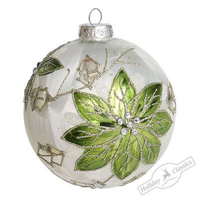 Шар "Зеленая пуансеттия" шелкография (стекло) 10 см