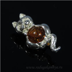 Брошь в форме Котика 15*30мм с янтарём в посеребрении цв.коньячный