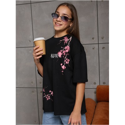 Футболка "Сакура" Черный Девочка