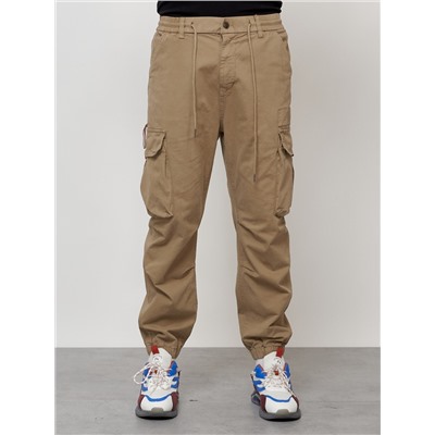 Джинсы карго мужские с накладными карманами бежевого цвета 2428B