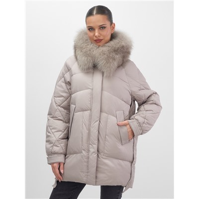 Куртка зимняя женская с мехом и капюшоном тренд светло-коричневого цвета 7608SK