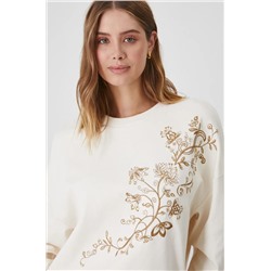 Bluza damska z ozdobnym haftem w kwiaty kolor beżowy