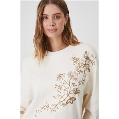 Bluza damska z ozdobnym haftem w kwiaty kolor beżowy