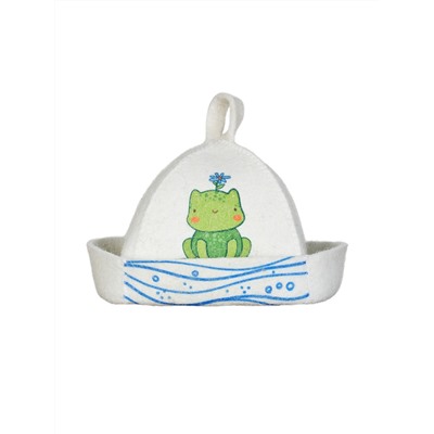Шапка банная детская с принтом "Лягушка", войлок белый