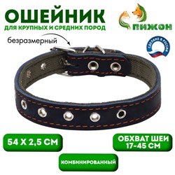 Ошейник комбинированный кожа/брезент, безразмерный, 54 х 2.5 см, ОШ 17-45 см, синий