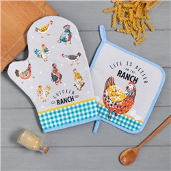 Кухонный набор Этель Chicken Ranch: варежка-прихватка 20×28 см, прихватка 19×19 см, 100% хлопок