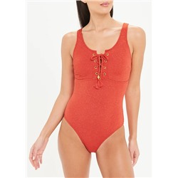 Longer Length Metallic Textured Lace Up Swimsuit