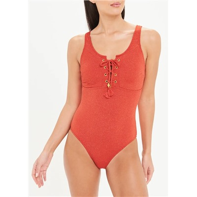 Longer Length Metallic Textured Lace Up Swimsuit