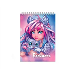 Блокнот, А7, 40 л, арт. 62955 ДЕВУШКА С БАРСОМ / Блок - белый офсет 60 г/м², клетка, гребень по короткой стороне, УФ-лак выборочный с глиттером,