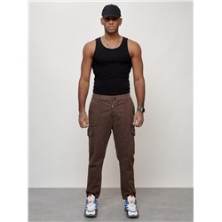 Джинсы карго мужские с накладными карманами коричневого цвета 2422K