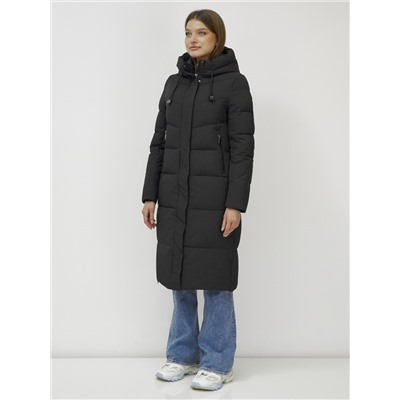 Пальто утепленное стеганное зимнее с капюшоном женское черного цвета 9636_1Ch