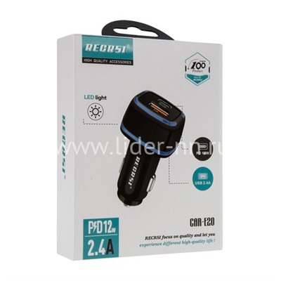 Автомобильное АЗУ 1 USB выход+1 PD (12W) Regrsi CAR-E20 (черный) в коробке