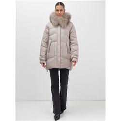 Куртка зимняя женская с мехом и капюшоном тренд светло-коричневого цвета 7608SK