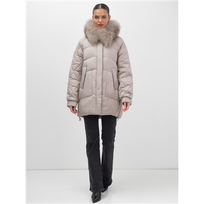 Куртка зимняя женская с мехом и капюшоном тренд светло-коричневого цвета 7608SK