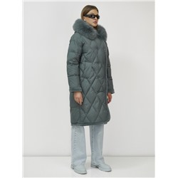 Пальто зимнее женское с мехом и овчиной премиум класса темно-зеленого цвета 3196TZ