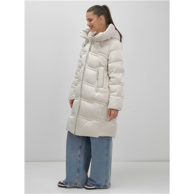 Пальто зимнее утепленное с капюшоном женское бежевого цвета 7779B