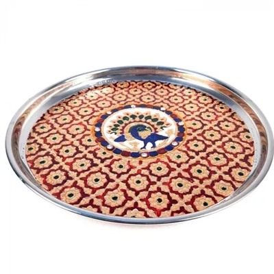 Металлический поднос, Meenakari Pooja Thali Peacock Design Steel (11 Inch), произв. Apka Mart