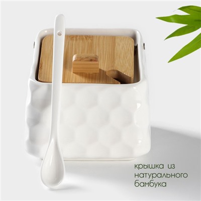 Банка для сыпучих BellaTenero, 800 мл, 14.5×11 см, с ложкой, с бамбуковой крышкой, фарфор, белая