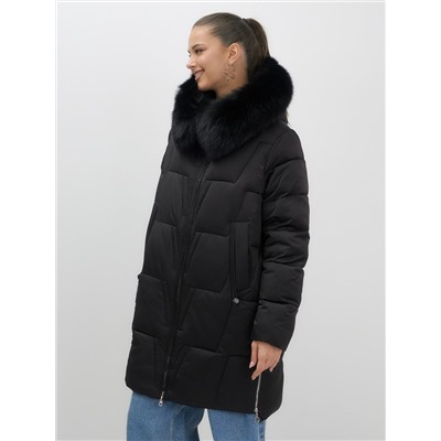 Пальто зимнее утепленное с мехом и капюшоном тренд черного цвета 7630Ch