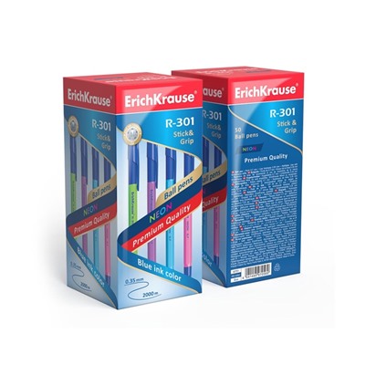 Ручка шариковая ErichKrause R-301 Neon Stick & Grip, узел 0,7-1.0 мм, чернила синие, резиновый держатель, длина линии письма 2000 метров, МИКС