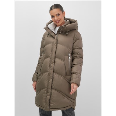 Пальто зимнее утепленное с капюшоном женское коричневого цвета 7747K