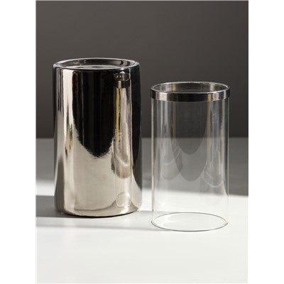 Подсвечник на 1 свечу «Хром», керамика, стекло, d=7.5 см, серебро, 9.2×9.2×29.5 см