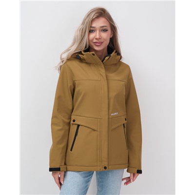 Ветровка спортивная женская с капюшоном softshell горчичного цвета 9566G