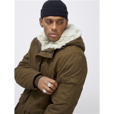 Парка мужская зимняя удлиненная с мехом темно-коричневого цвета 2608TK