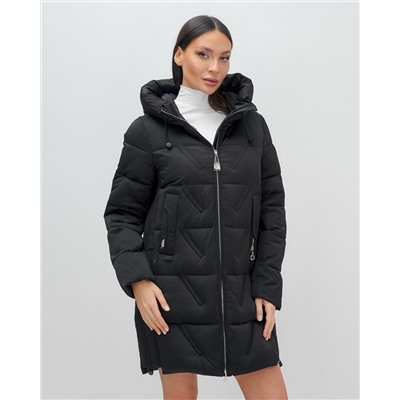 Куртка зимняя женская классическая с капюшоном черного цвета 7671Ch