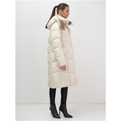 Пальто зимнее утепленное с капюшоном женское бежевого цвета 7709B