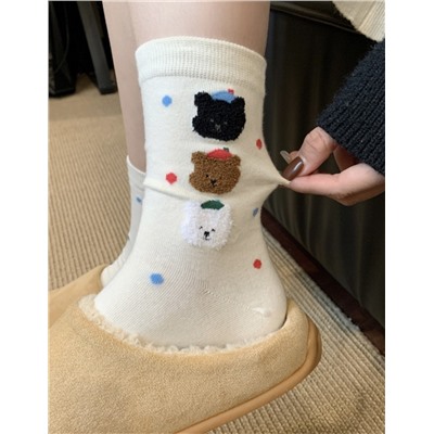 South Korean velvet goods, Japanese cotton knee socks, with little bears, mid-length