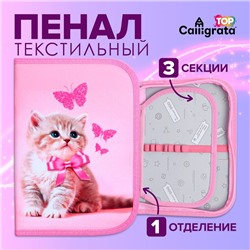 Пенал 3 секции, вкладка внутри, 140 х 210 х 40 мм, тканевый, Calligrata TOP Block "Котенок"