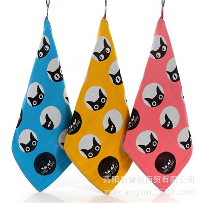 Zhiyang Cartoon round face cat Three-layer gauze square towel Hand towel Manufacturer wholesale kitchen towel
