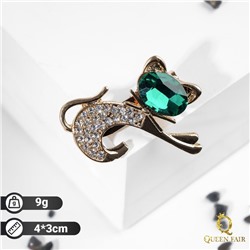 Брошь «Кошечка» с бантом, изумрудно-белая в золоте