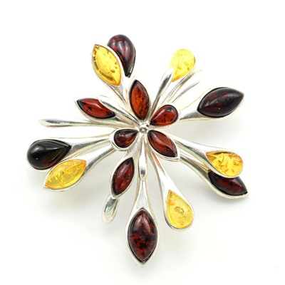 Брошь с янтарем С925 Феерверк 40*40мм цв.кофейный, лимонный, 9,6г
